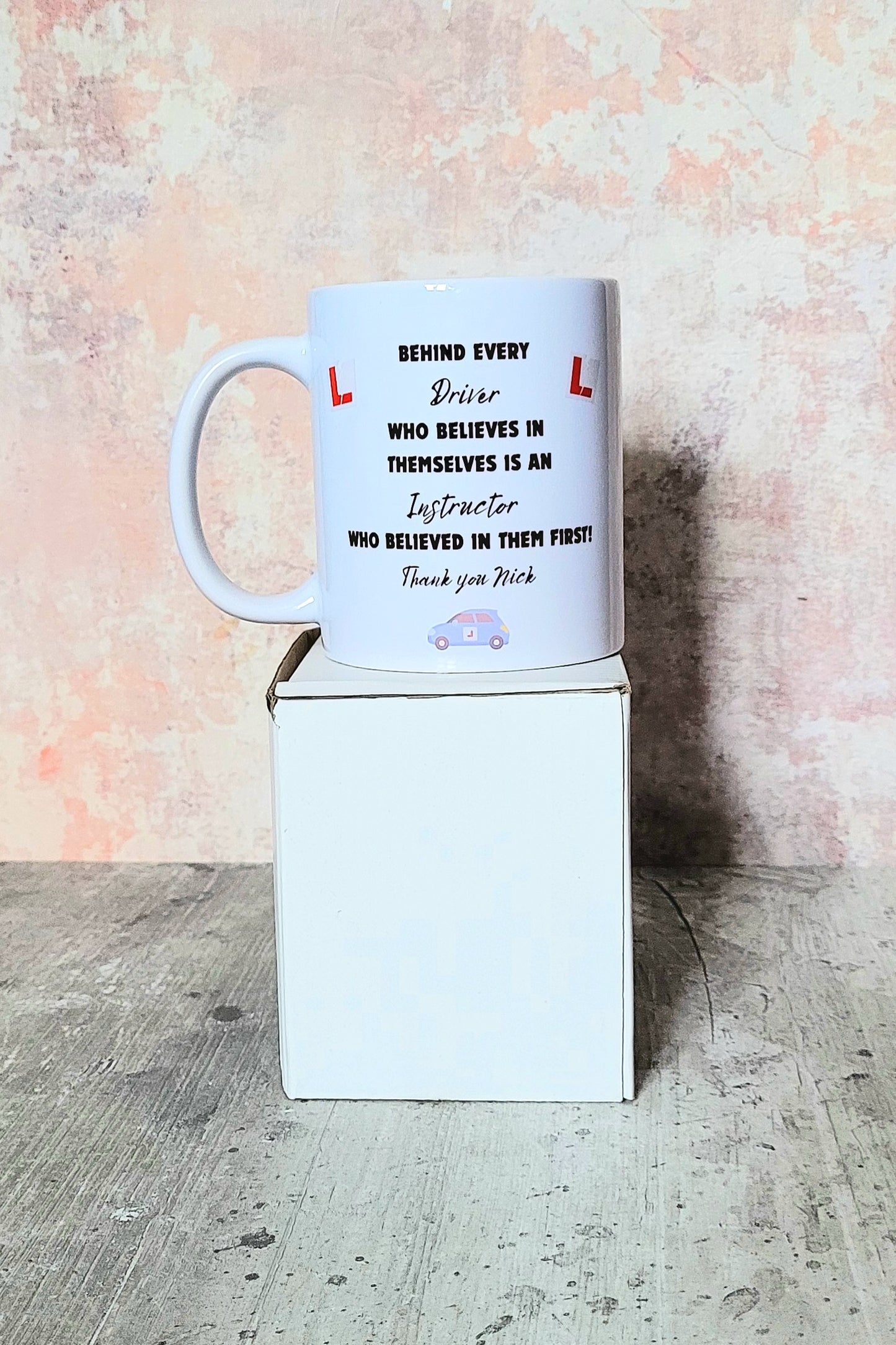 Mug gift for instructor with “believed in me” quote and learner icons