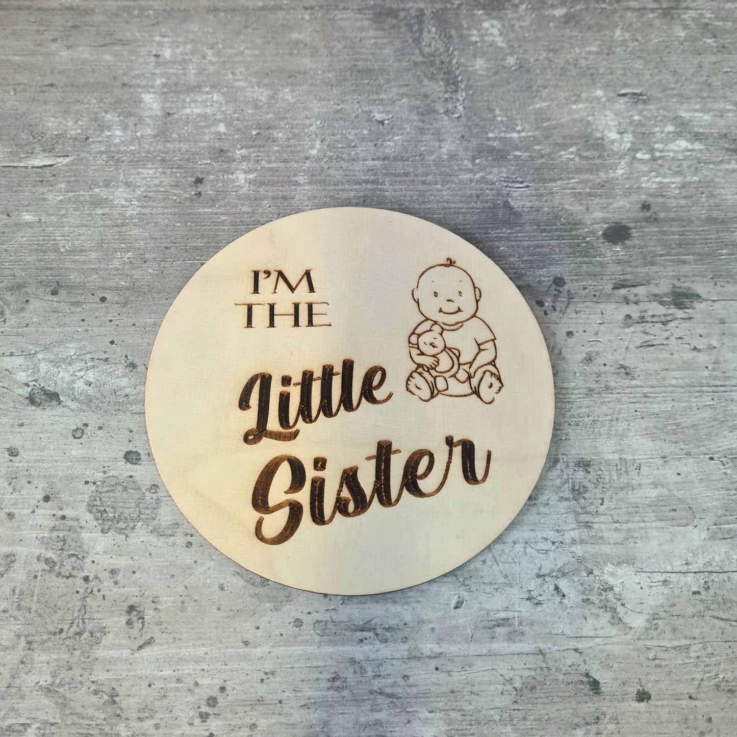 Personalised wooden sibling pregnancy announcement sign engraved with custom name little sister photo prop