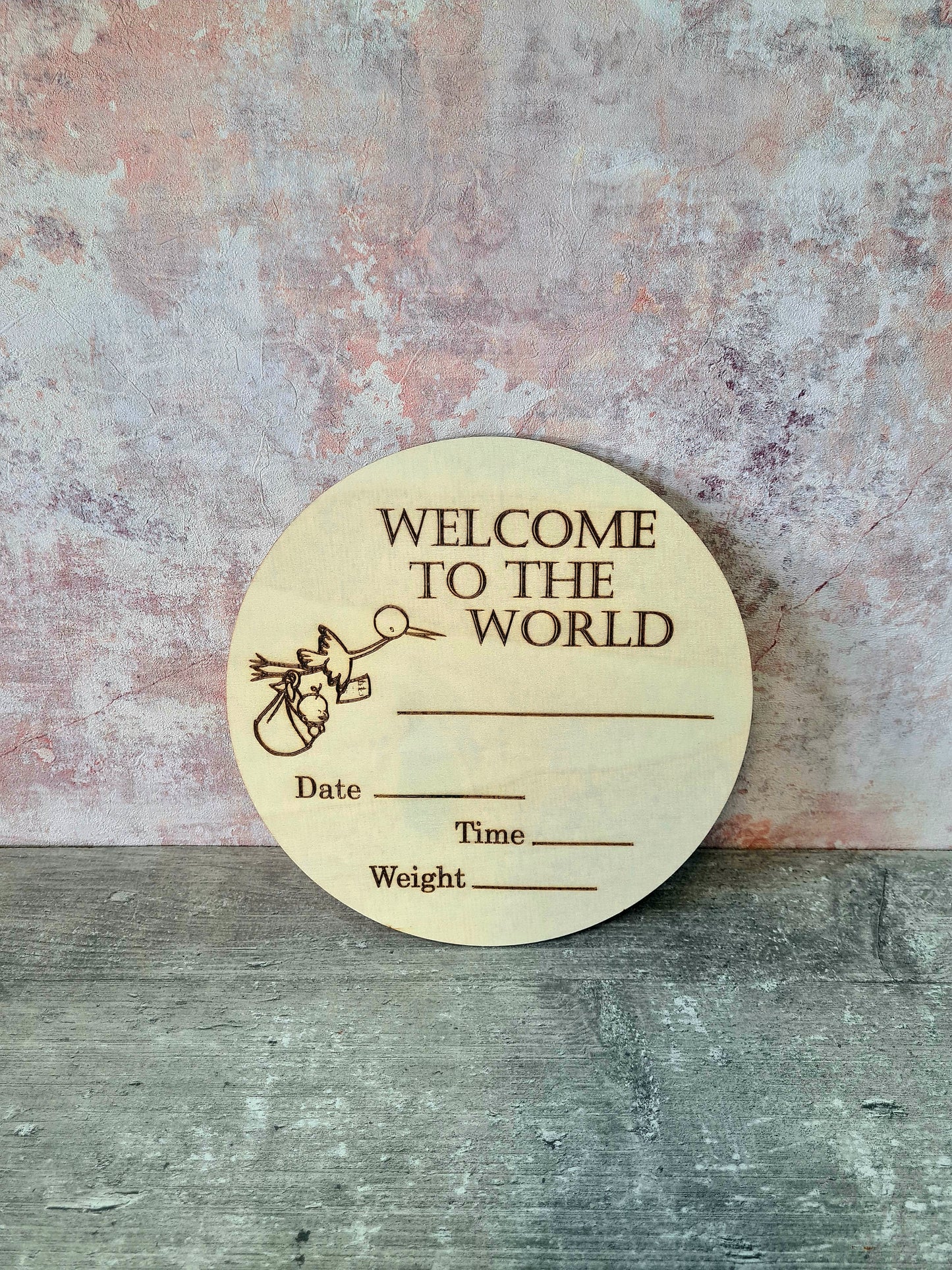 Wooden pregnancy reveal photo prop UK welcome to the world