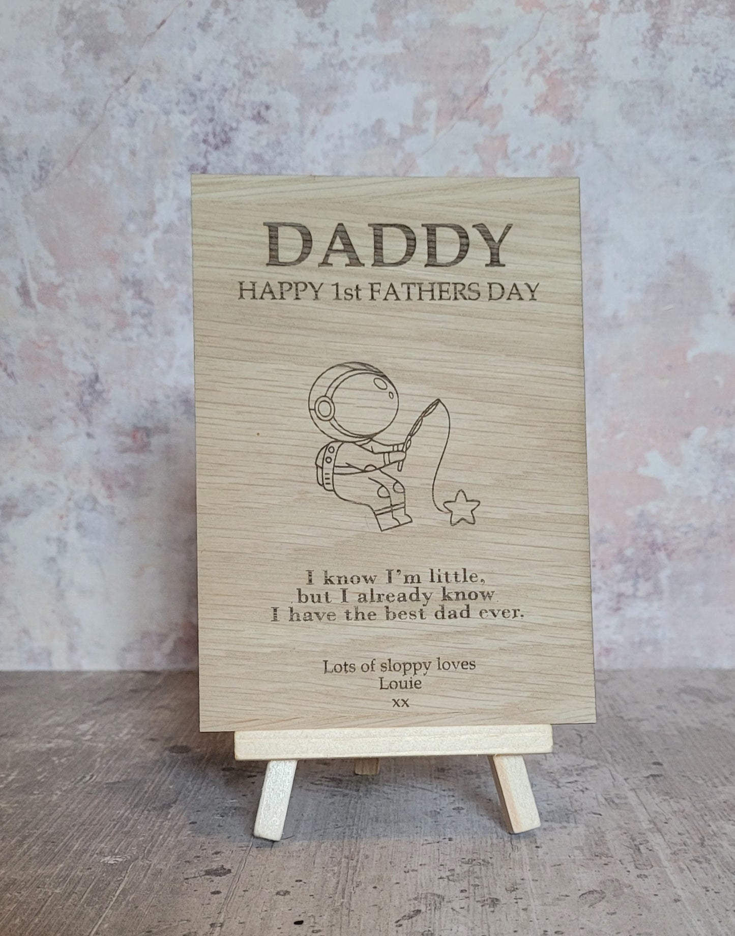 Personalised wooden Father’s Day card engraved space design