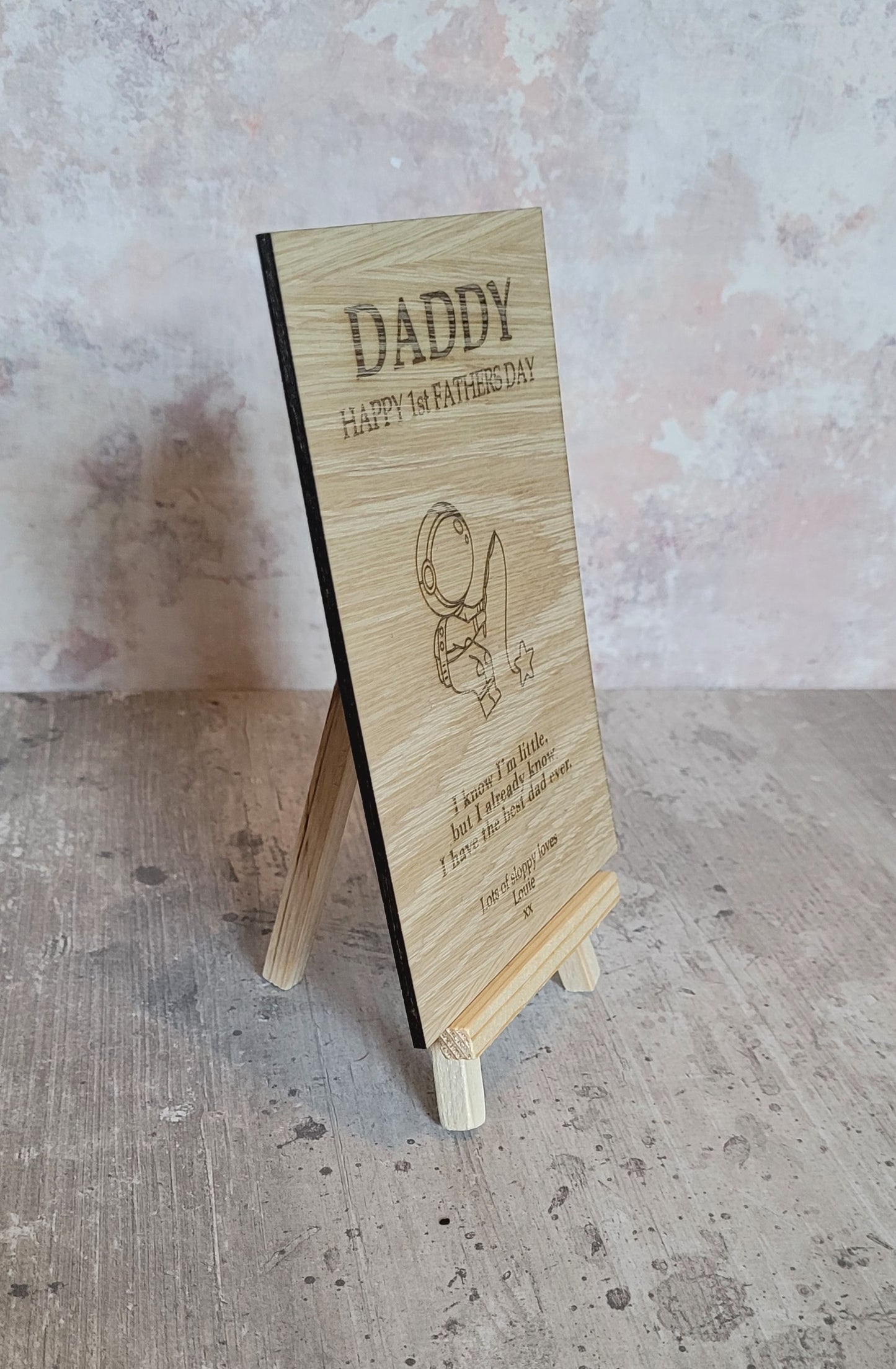 Personalised wooden Father’s Day card engraved space design