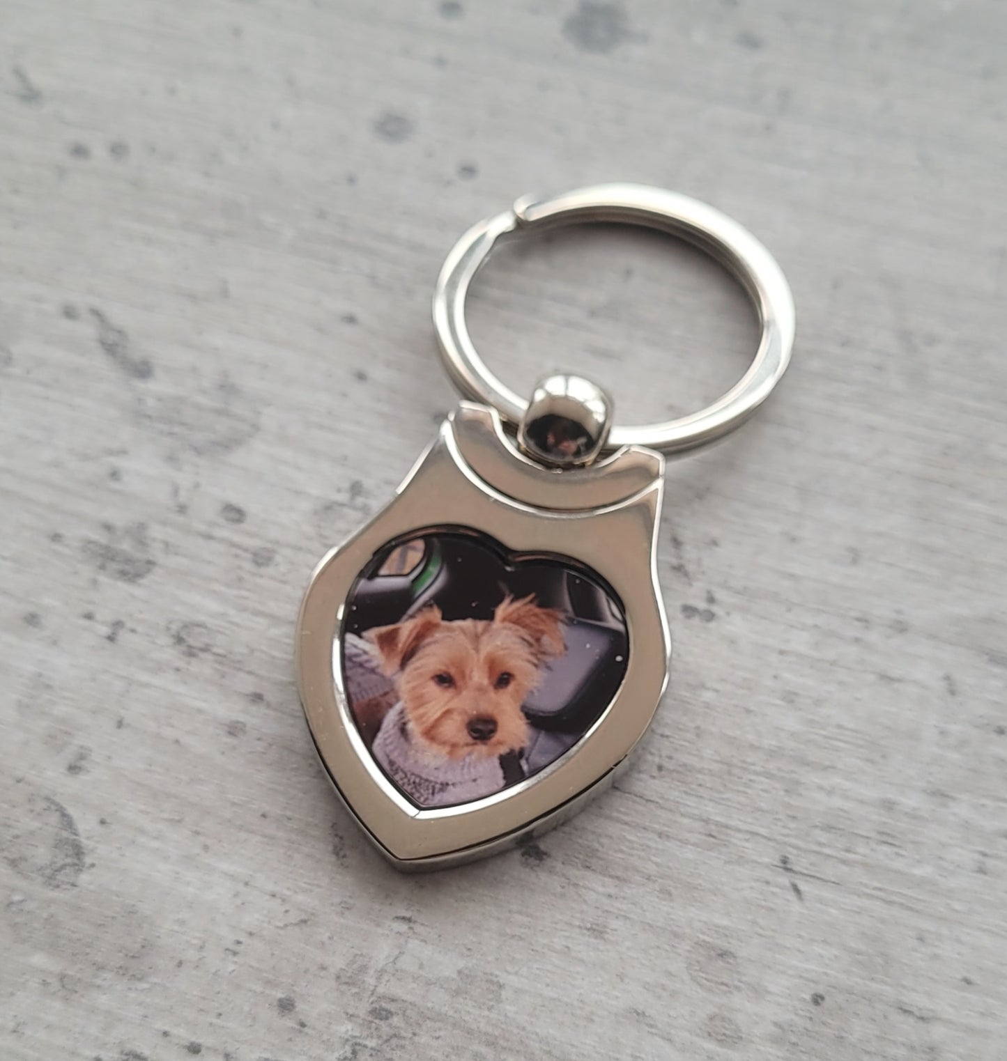 Family photo heart keychain flatlay with packaging