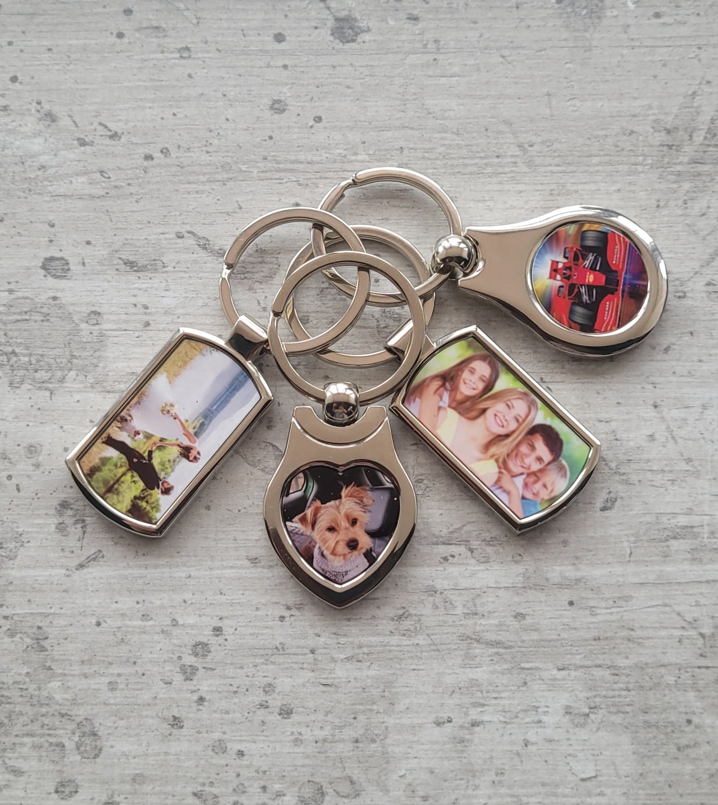 Polished metal keyring close-up with custom image