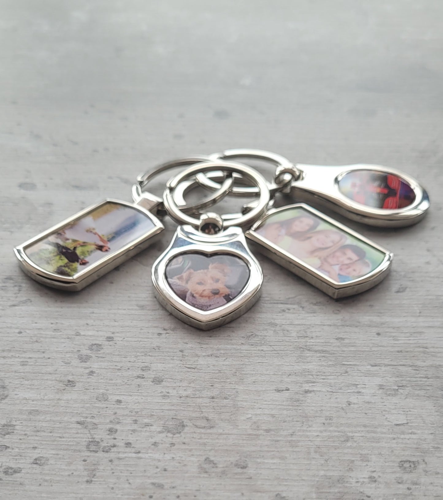 Family memory photo keyring shown flatlay