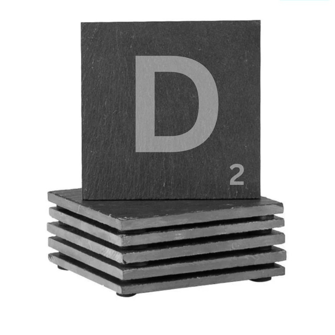Engraved alphabet slate coaster set letter D
