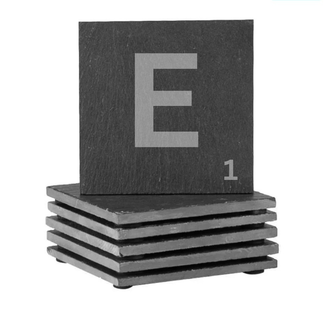 Engraved alphabet slate coaster set letter E
