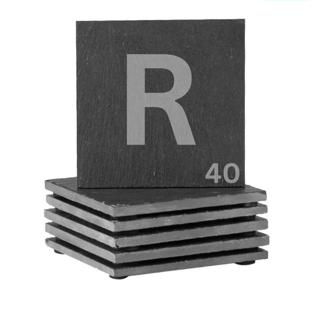 Engraved alphabet slate coaster set letter R 40th birthday