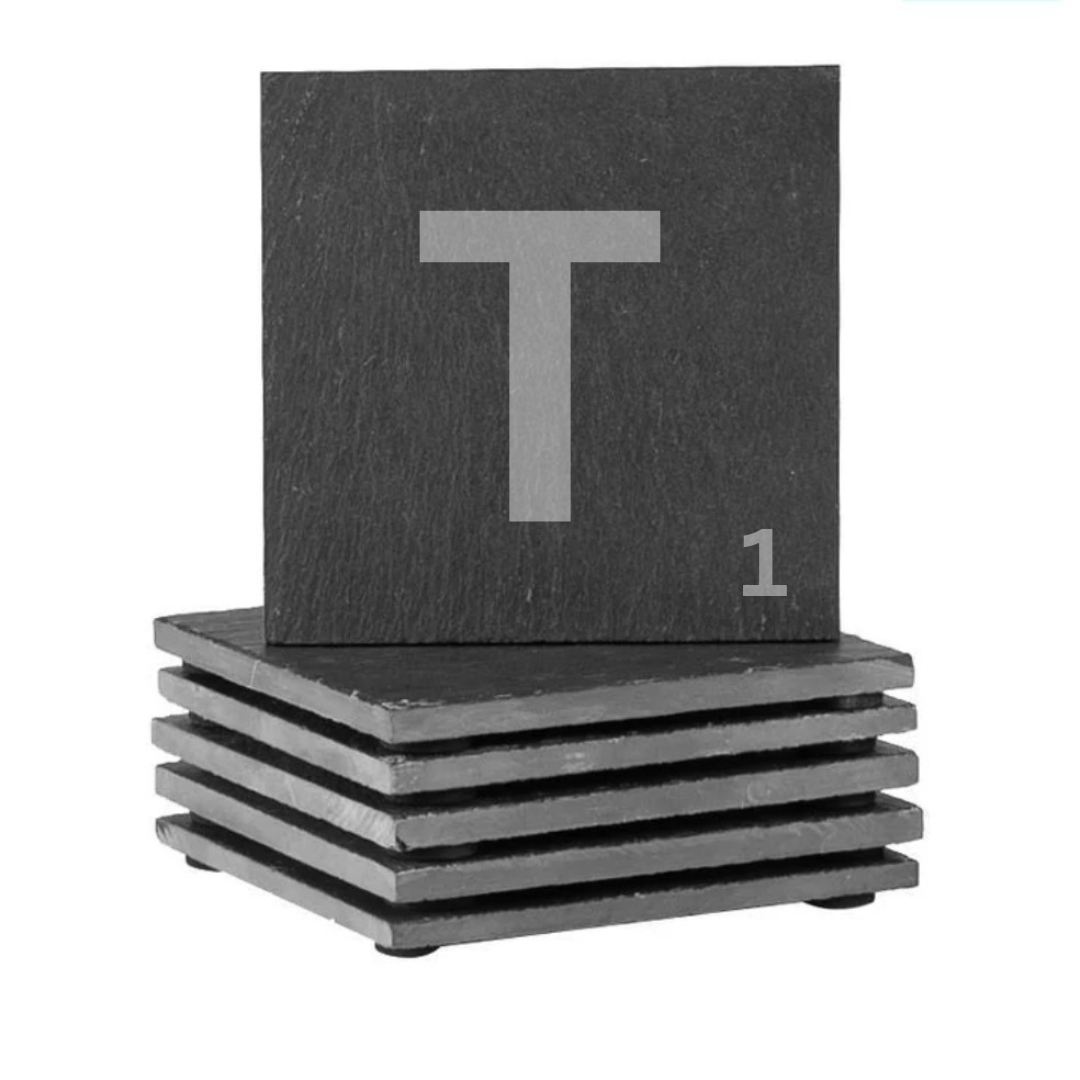 Engraved alphabet slate coaster set letter T