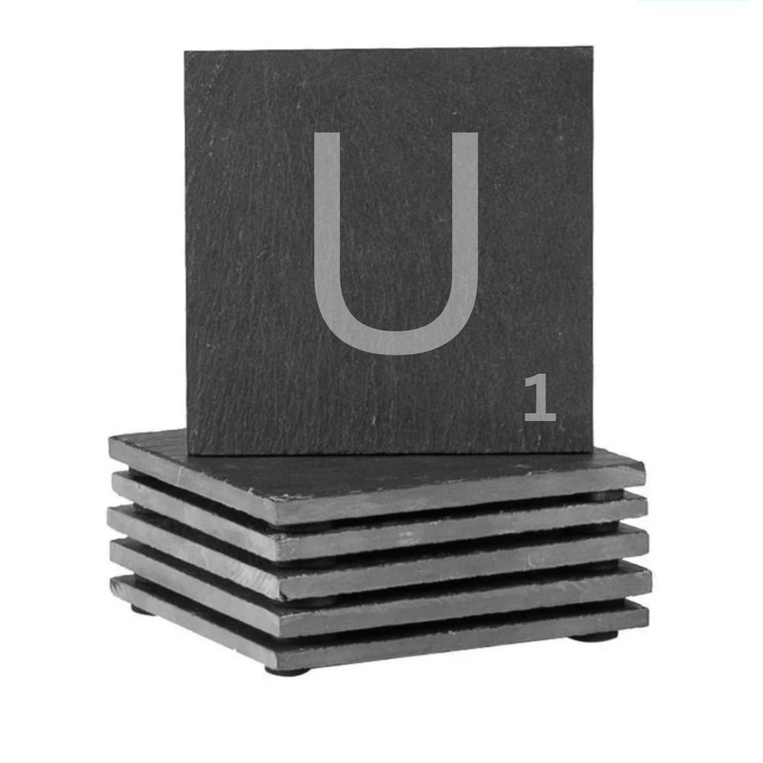 Engraved alphabet slate coaster set letter U