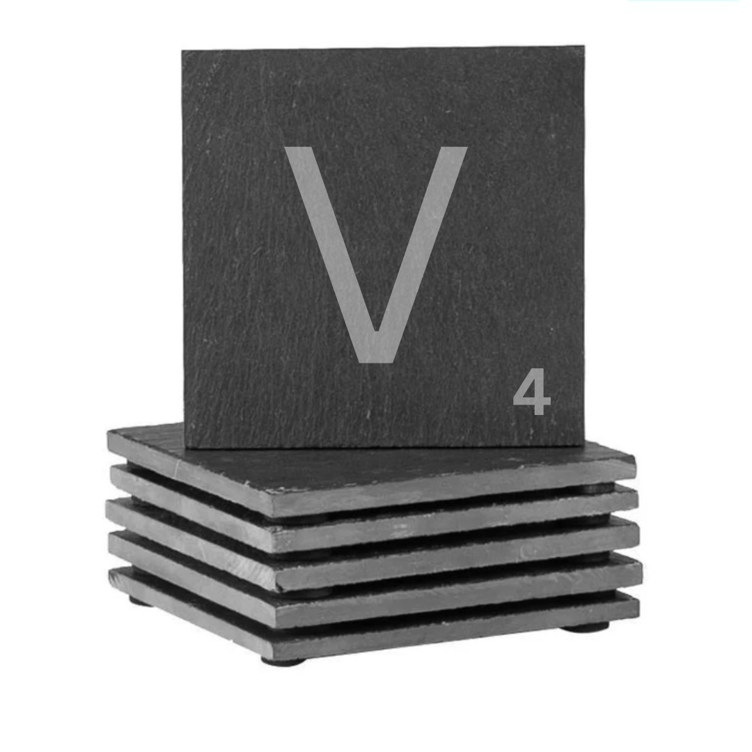 Engraved alphabet slate coaster set letter V