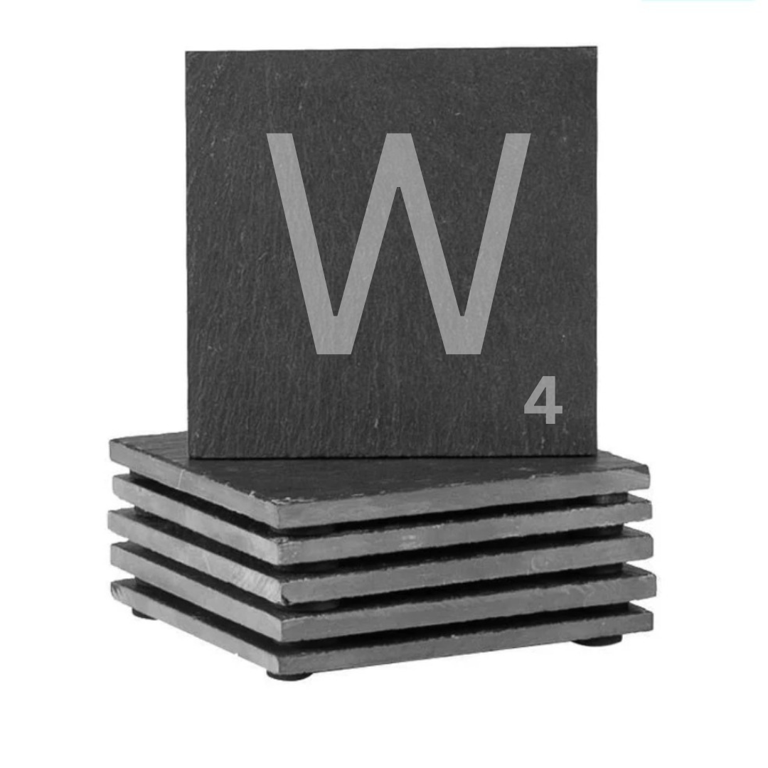 Engraved alphabet slate coaster set letter W