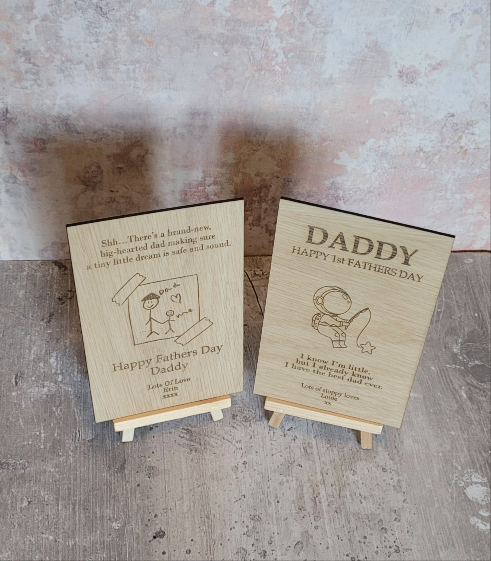 Personalised wooden Father’s Day card engraved designs