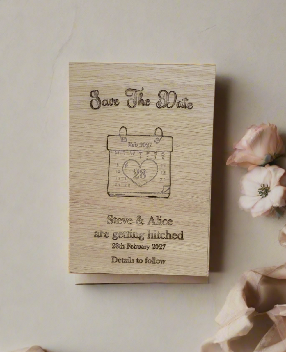 Personalised Wooden Save the Date Cards – Engraved for Your Special Day