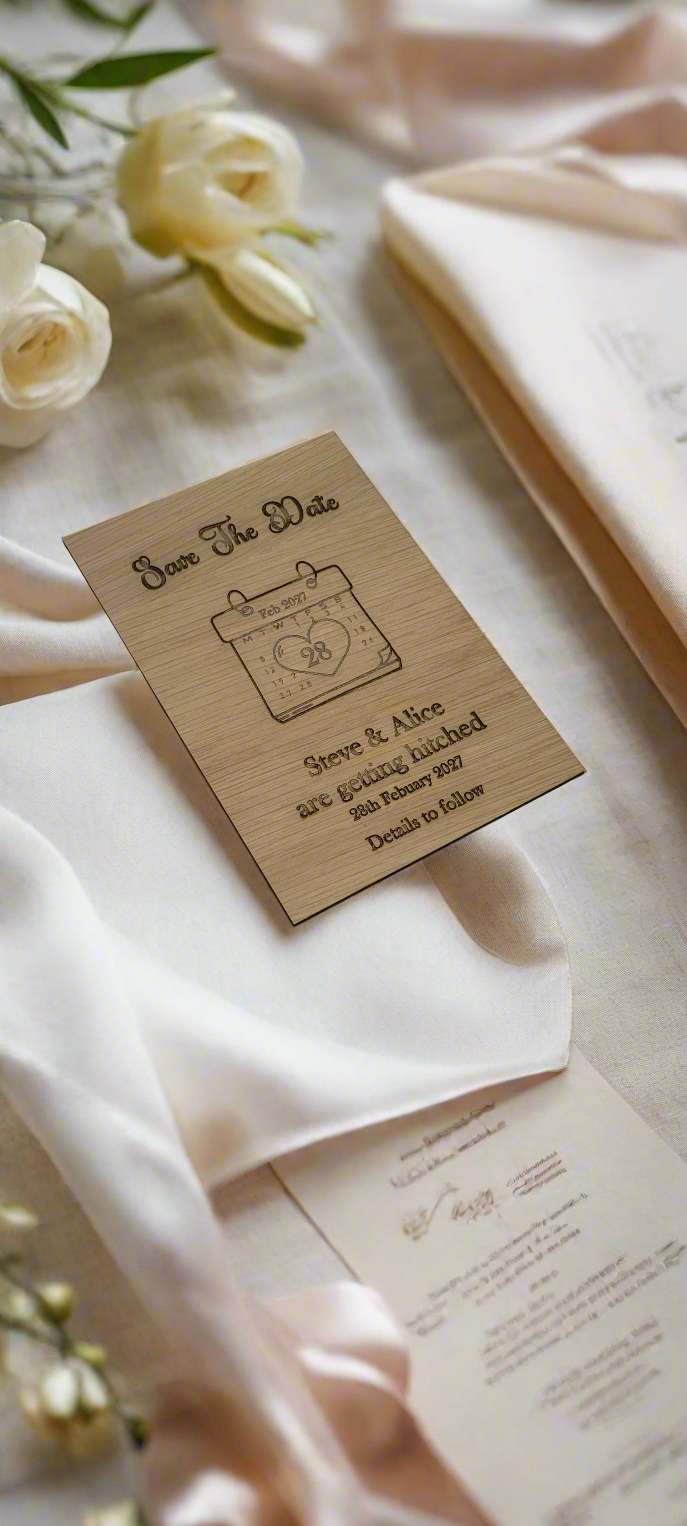 Personalised Wooden Save the Date Cards – Engraved for Your Special Day