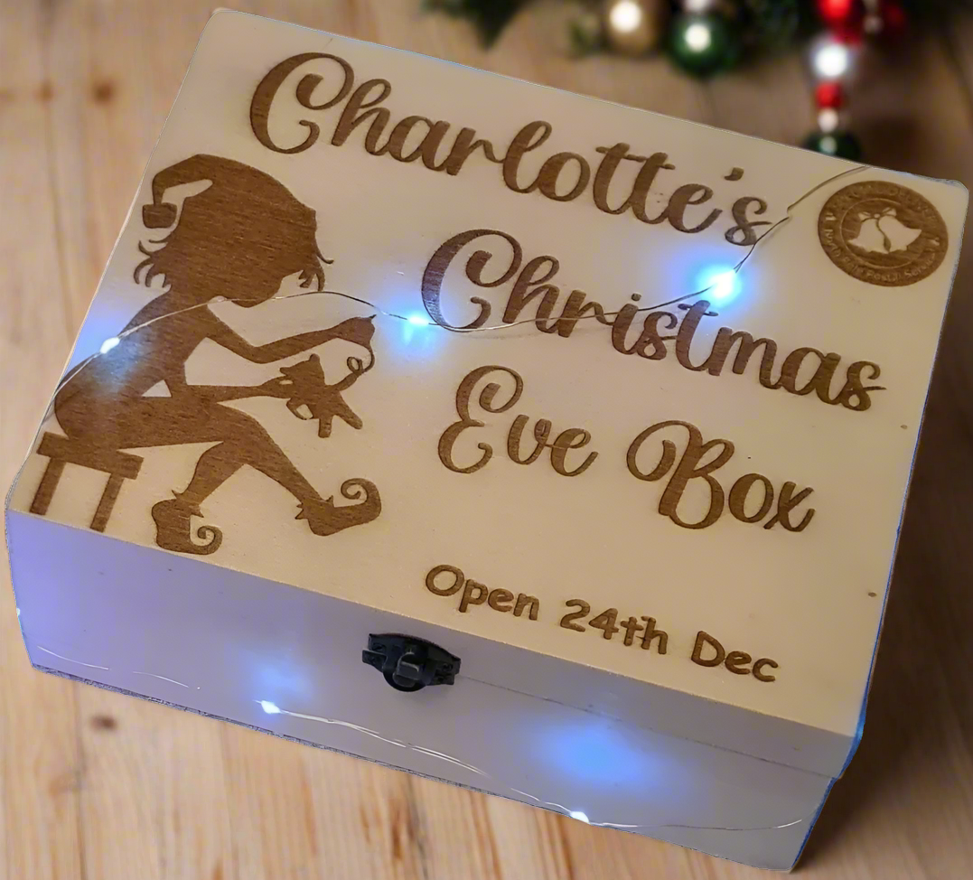 elf engraved personalised wooden box for christmas eve