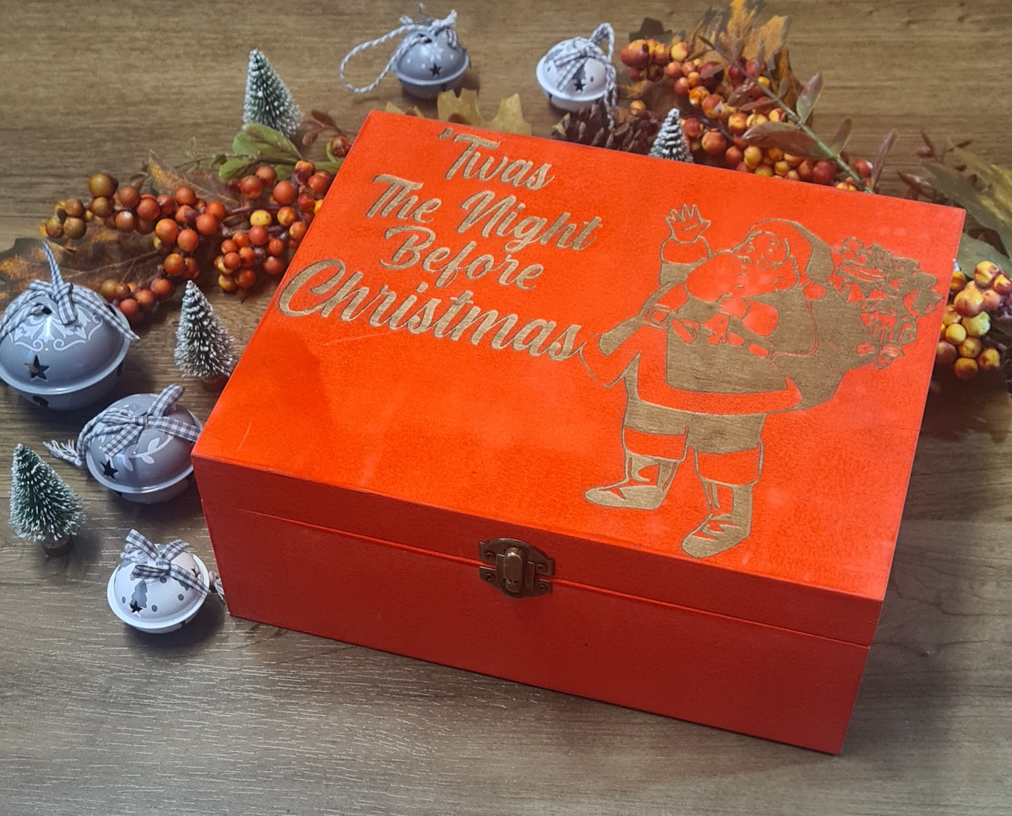 red santa engraved wooden box for christmas eve gifts and activities