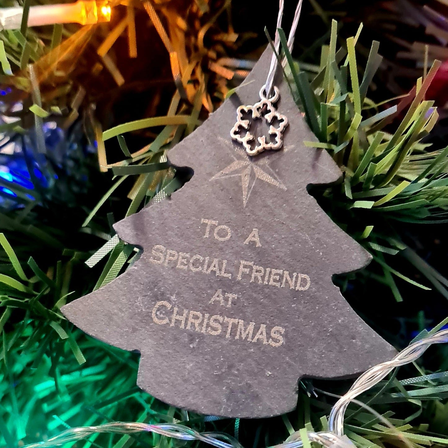 Slate Ornaments: Unique personalised babies 1st Christmas Tree Baubles