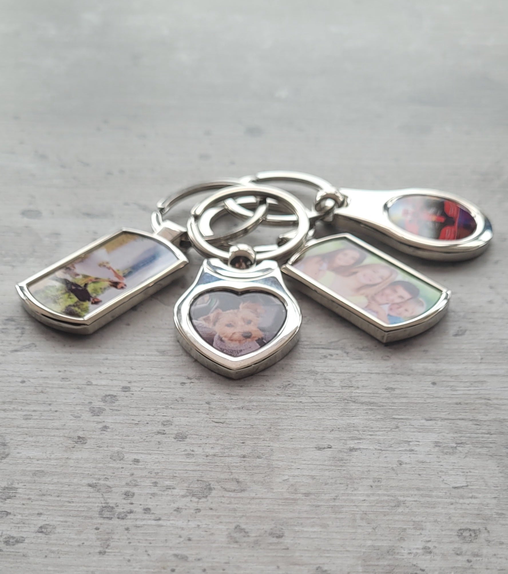 Family memory photo keyring shown flatlay