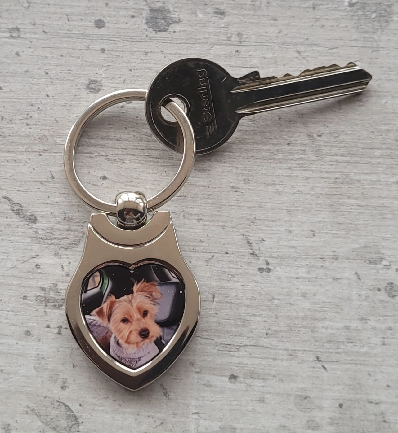 Close-up of heart keyring showing family photo