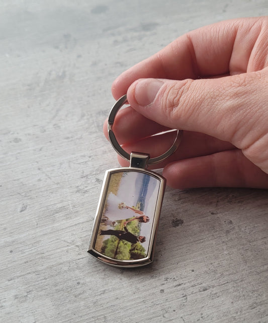 Family memory photo keyring shown flatlay