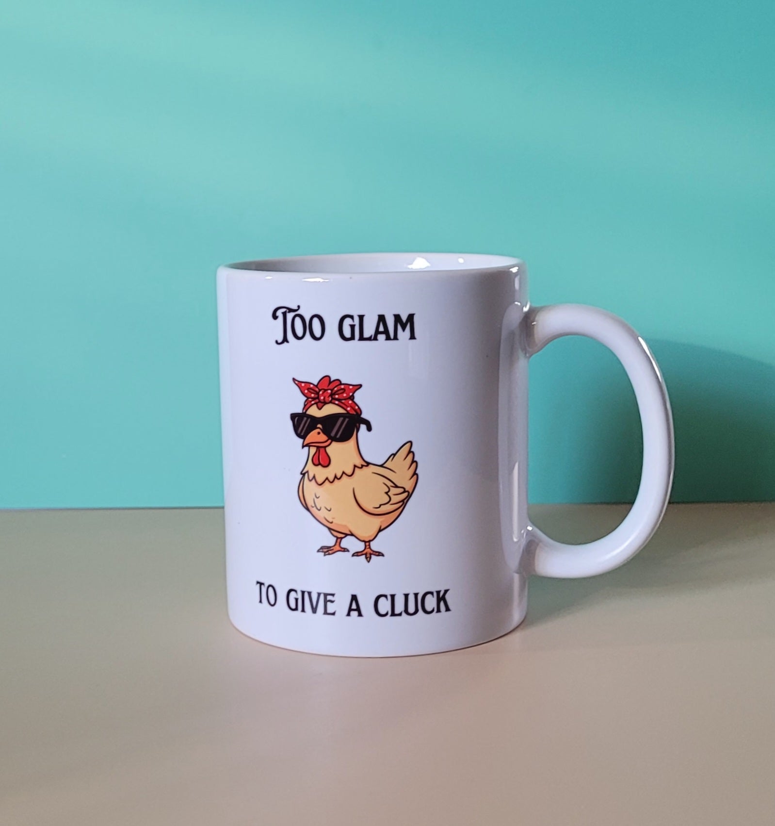 Funny animal mug gift for chicken lovers shown in studio lighting.”