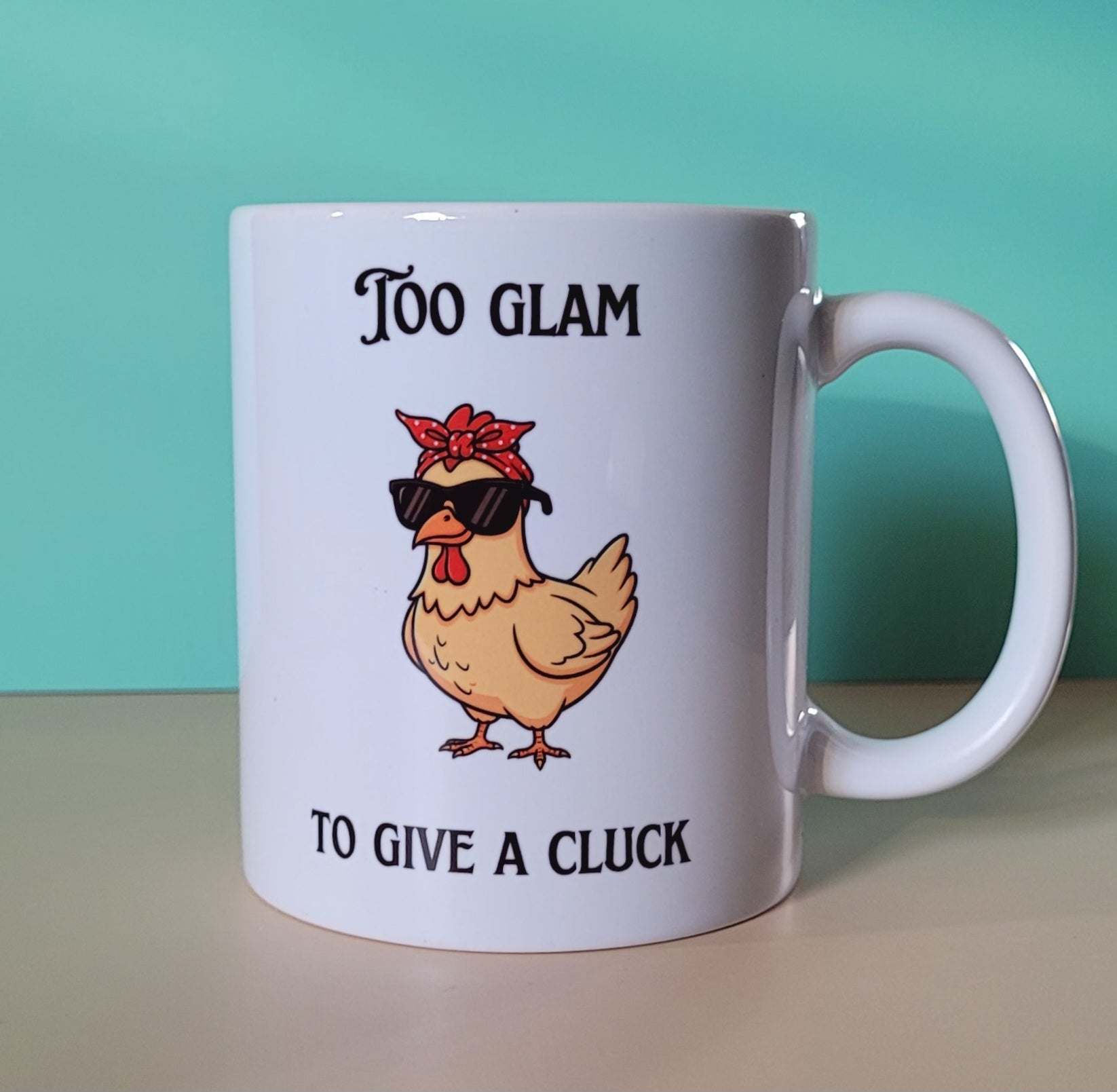 Funny animal mug gift for chicken lovers shown in studio lighting.”