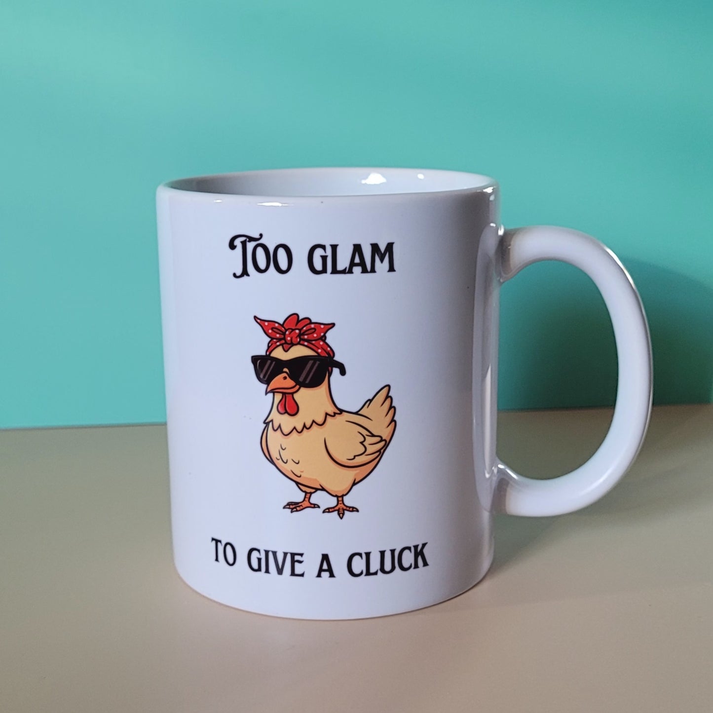 Funny animal mug gift for chicken lovers shown in studio lighting.”