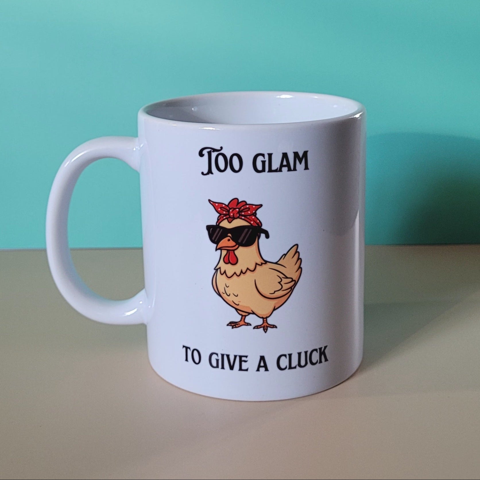 Funny animal mug gift for chicken lovers shown in studio lighting.”
