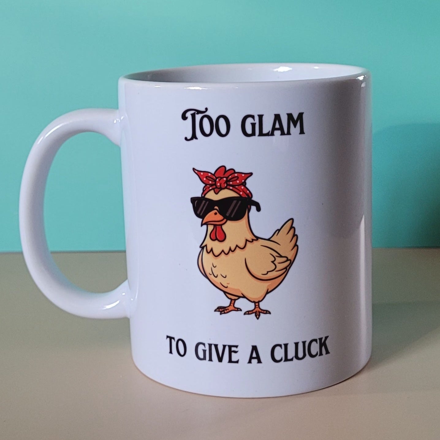 Funny chicken coffee mug displayed on a coloured background