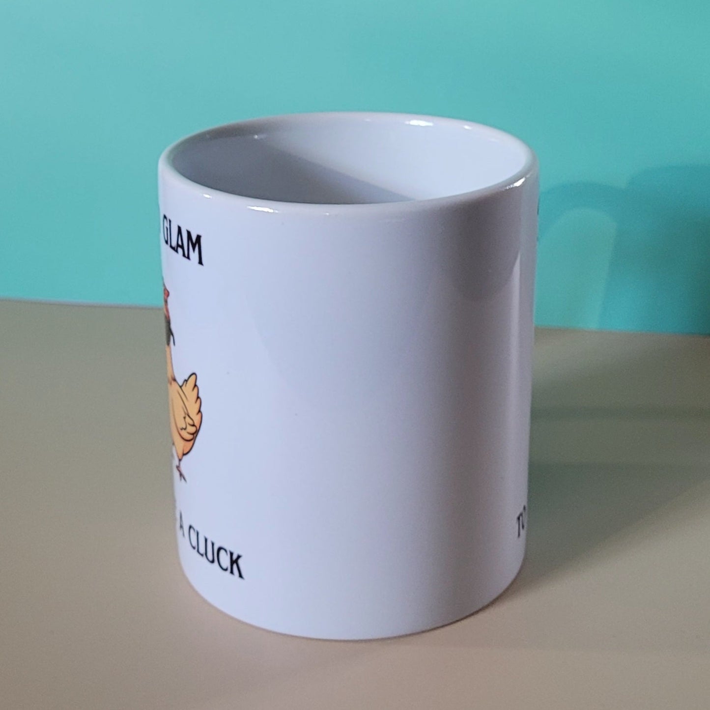 Side angle of chicken humour mug 