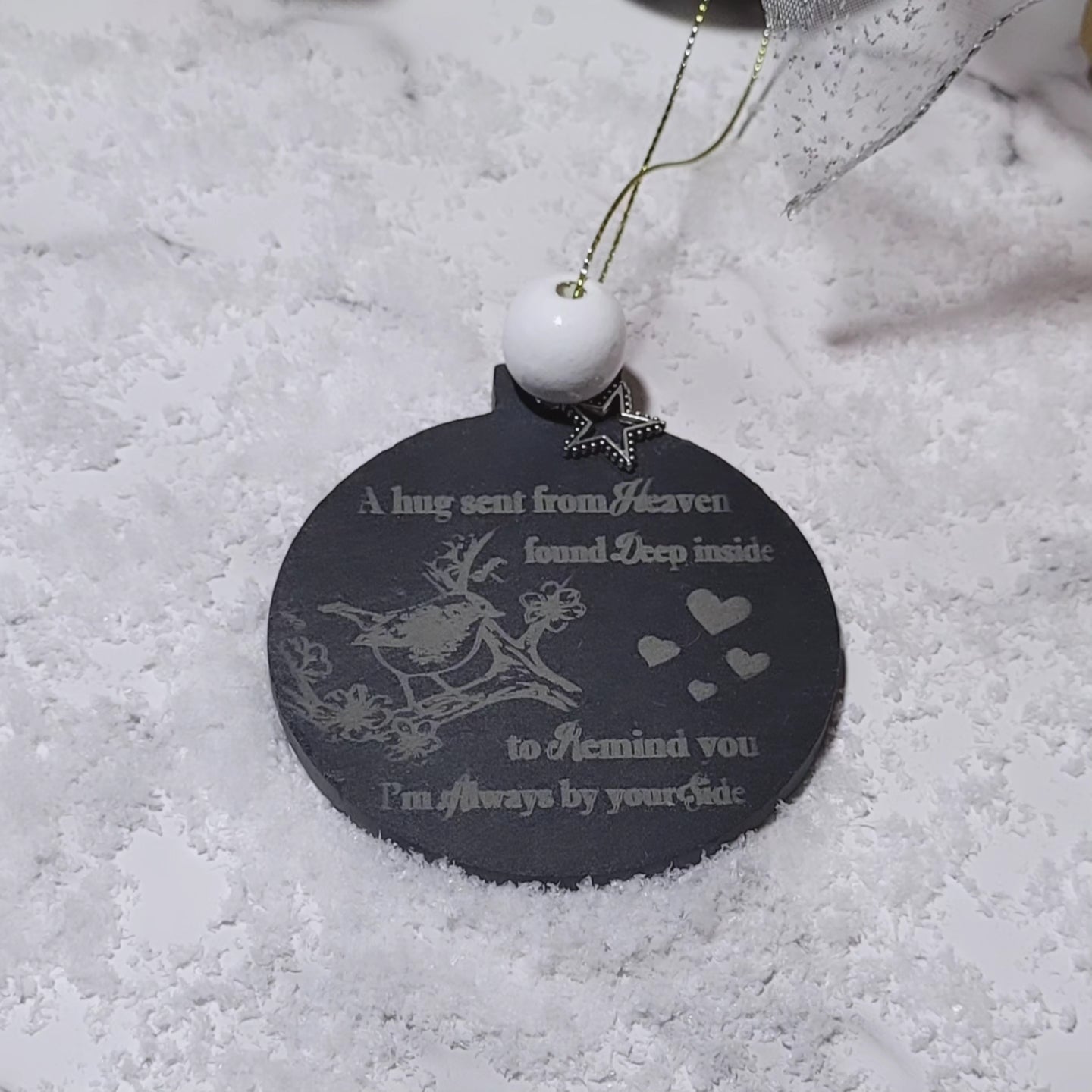 Engraved slate memorial ornament for christmas tree.