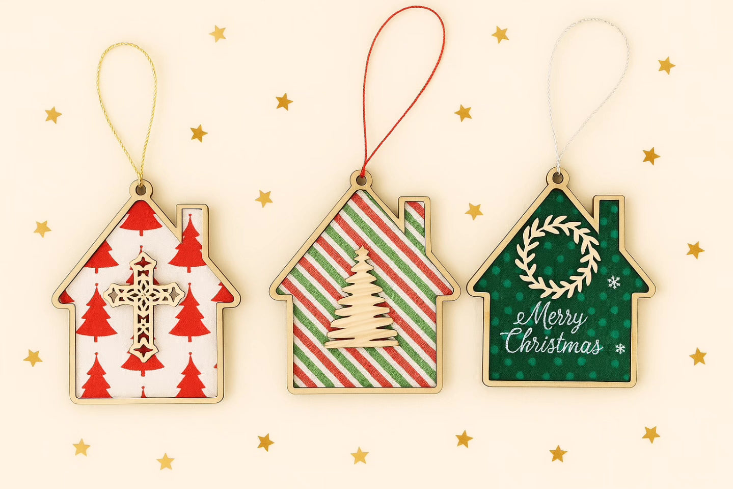 “Pack of 3 wooden house Christmas decorations with fabric backgrounds and walnut veneer fronts.”