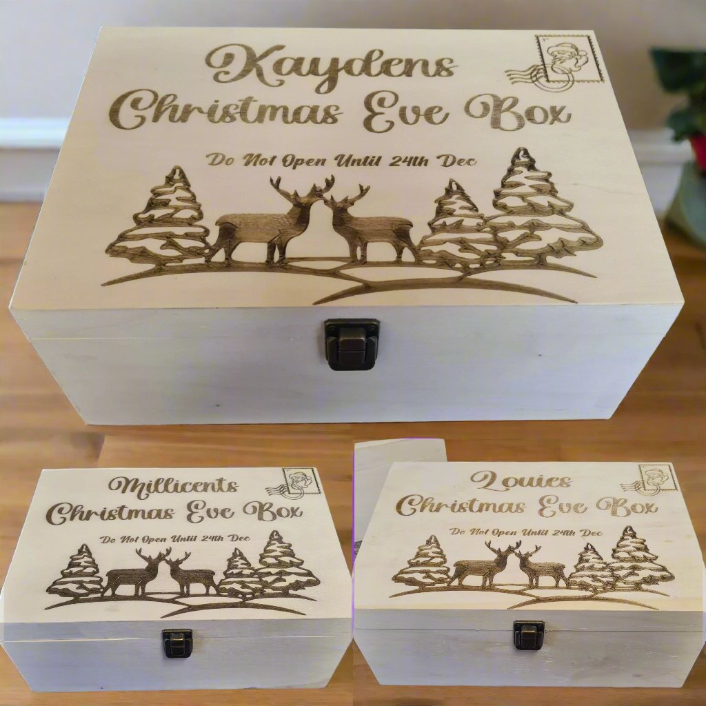 3 different boxes engraved and personalised ready for santas arrival 