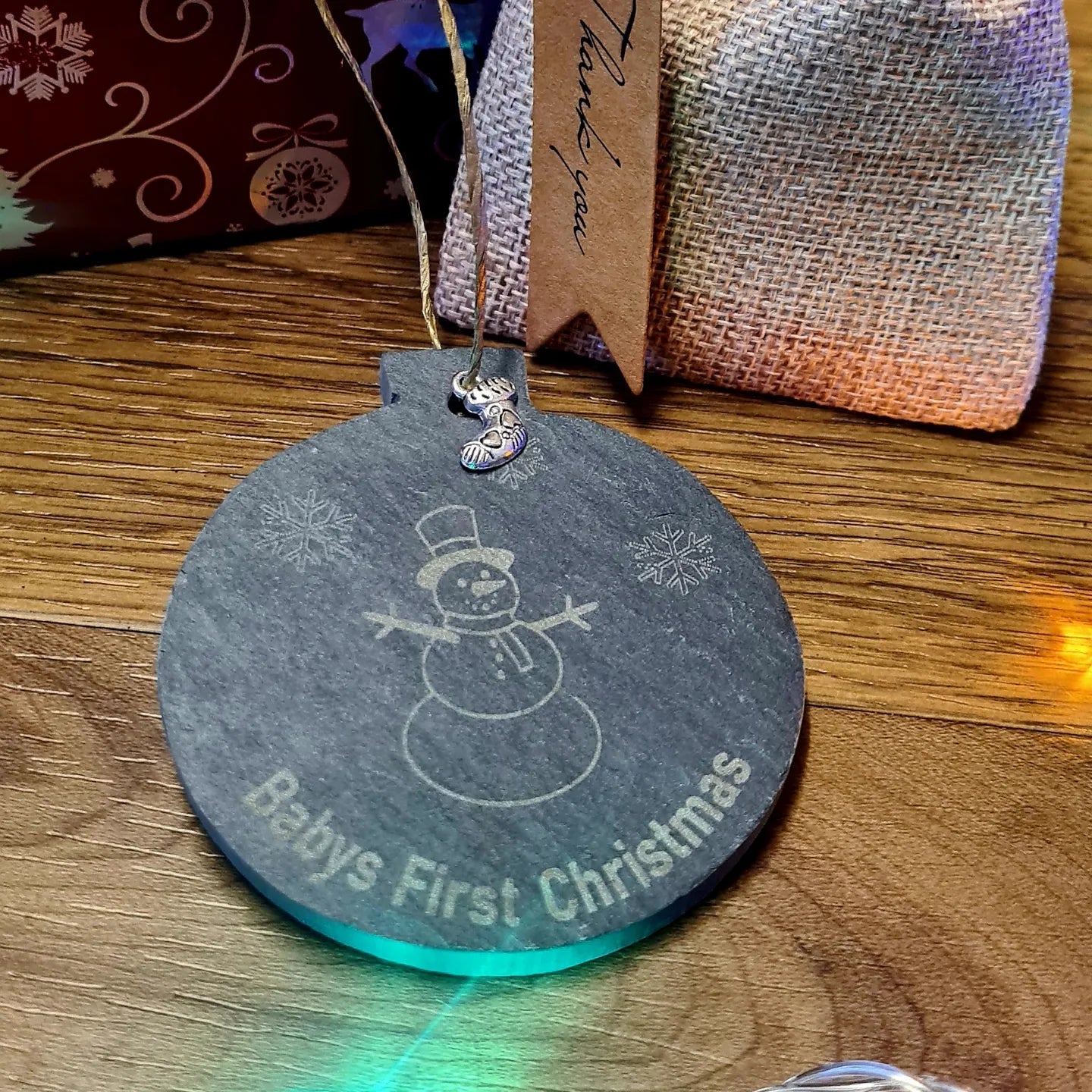 Slate Ornaments: Unique personalised babies 1st Christmas Tree Baubles