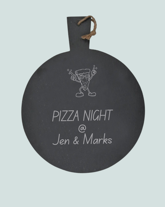 Personalised slate pizza paddle board engraved with names