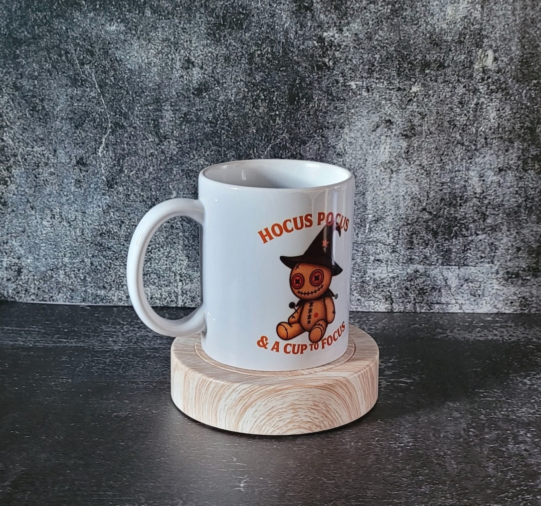 Hocus Pocus coffee mug featuring spooky cute stitched doll