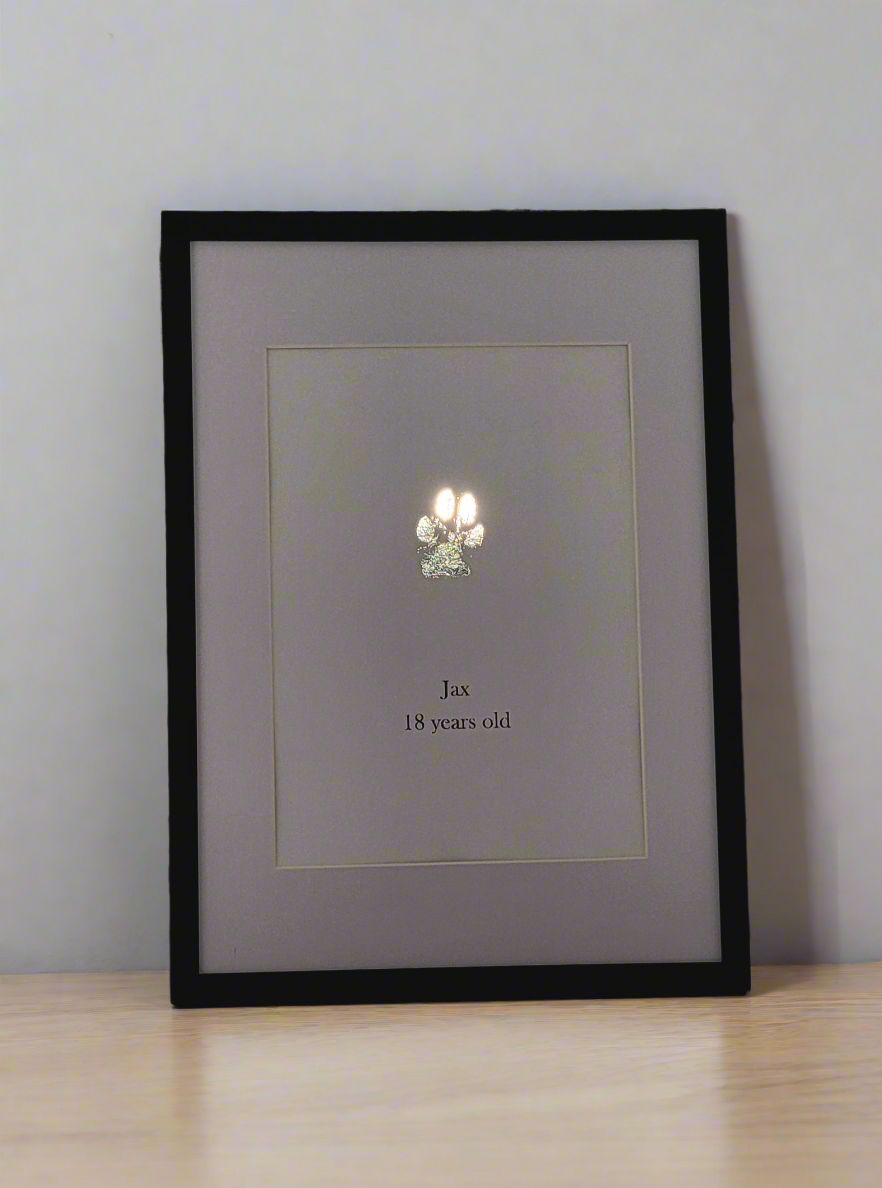 Silver Foil framed dog paw print and personalisation 