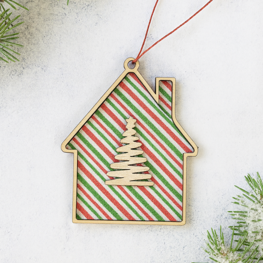 Striped Christmas house decoration with raised wooden tree