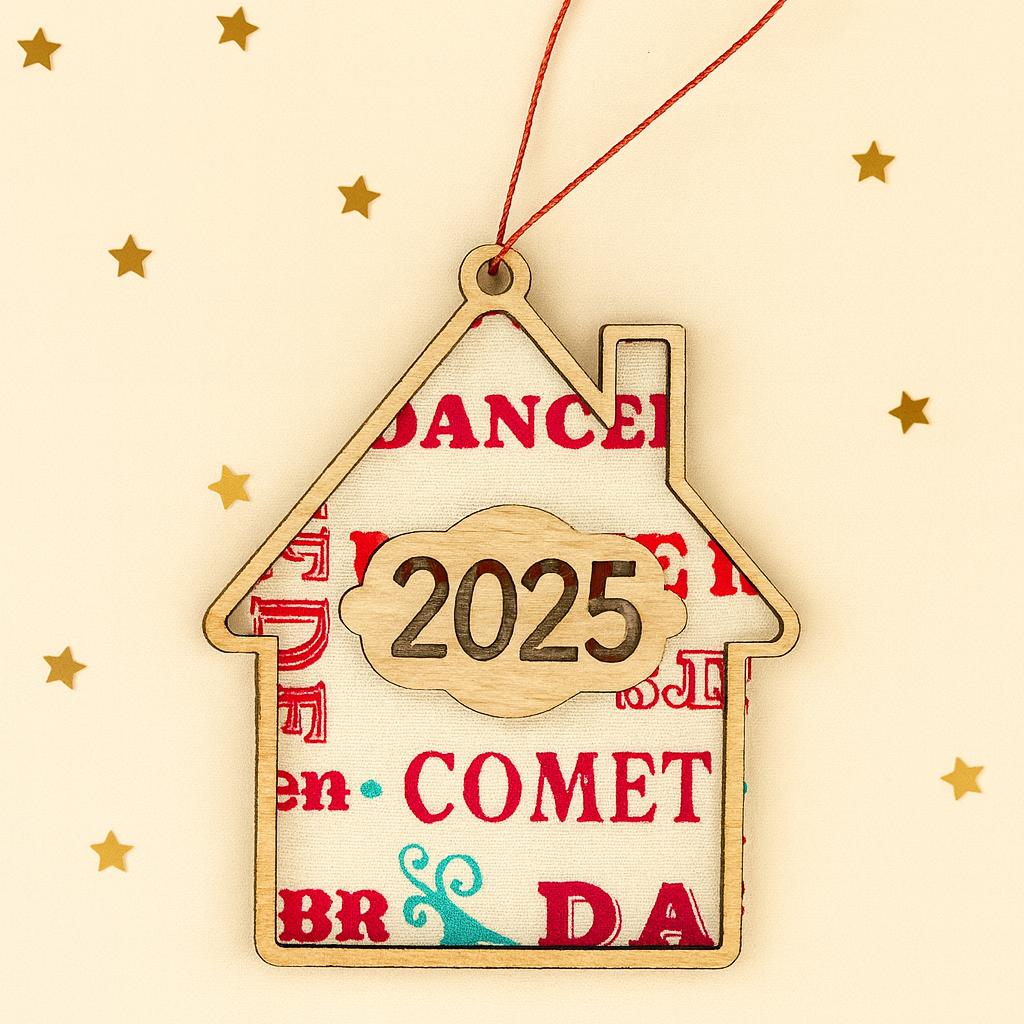 Reindeer printed 2025 house ornament.