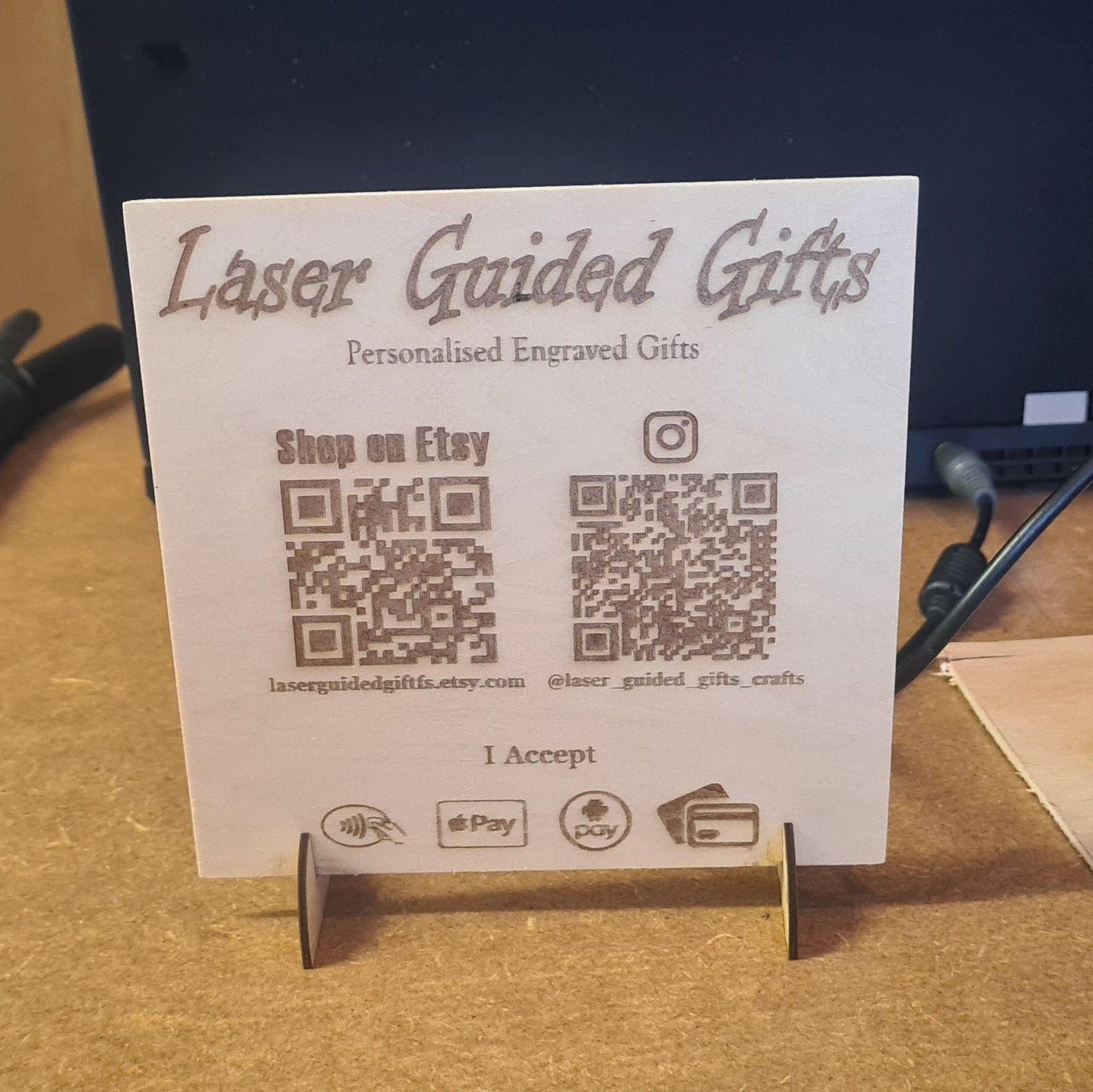 Wooden Business Social Media Sign with QR Code and Logo