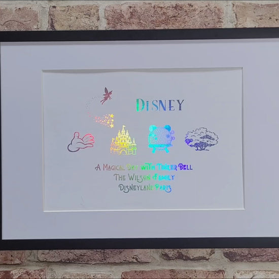 Personalised Disney themed holiday framed foil artwork in black frame
