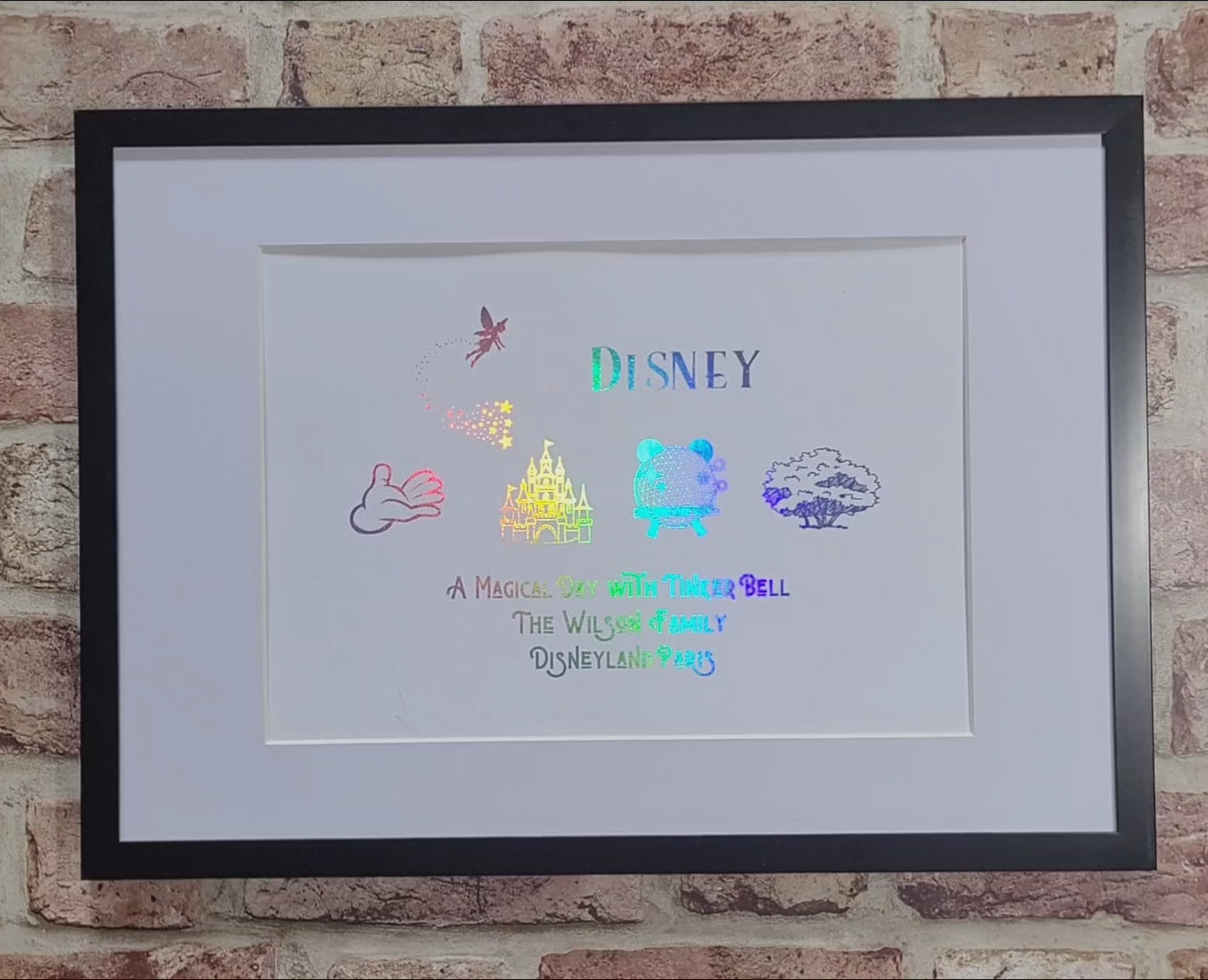 Personalised Disney themed holiday framed foil artwork in black frame
