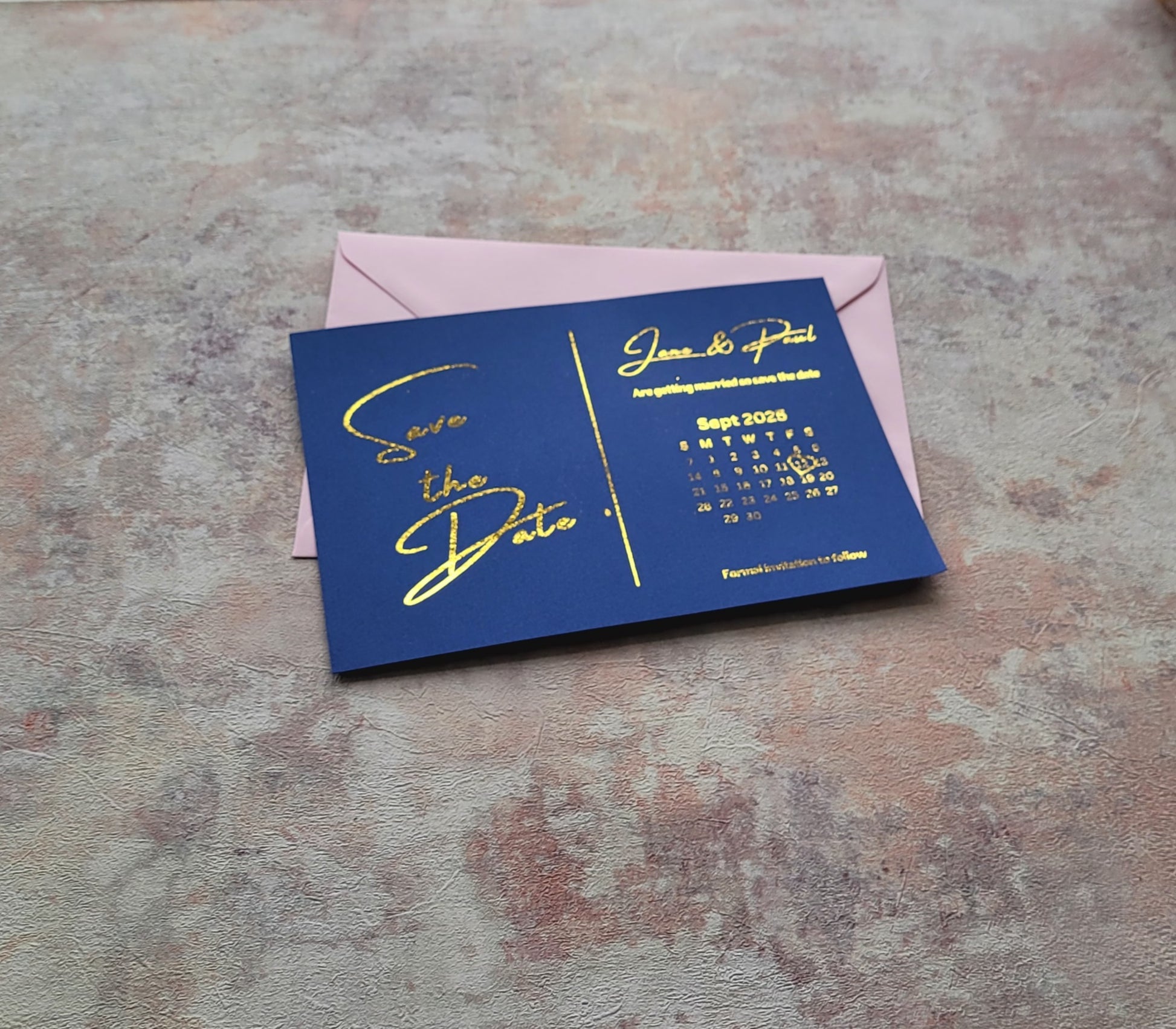 Save the date blue and pink cards in gold printed foil