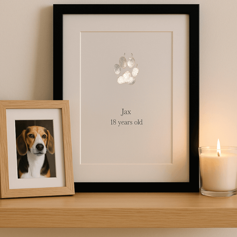 Black framed memorial pet paw print with custom name and dates