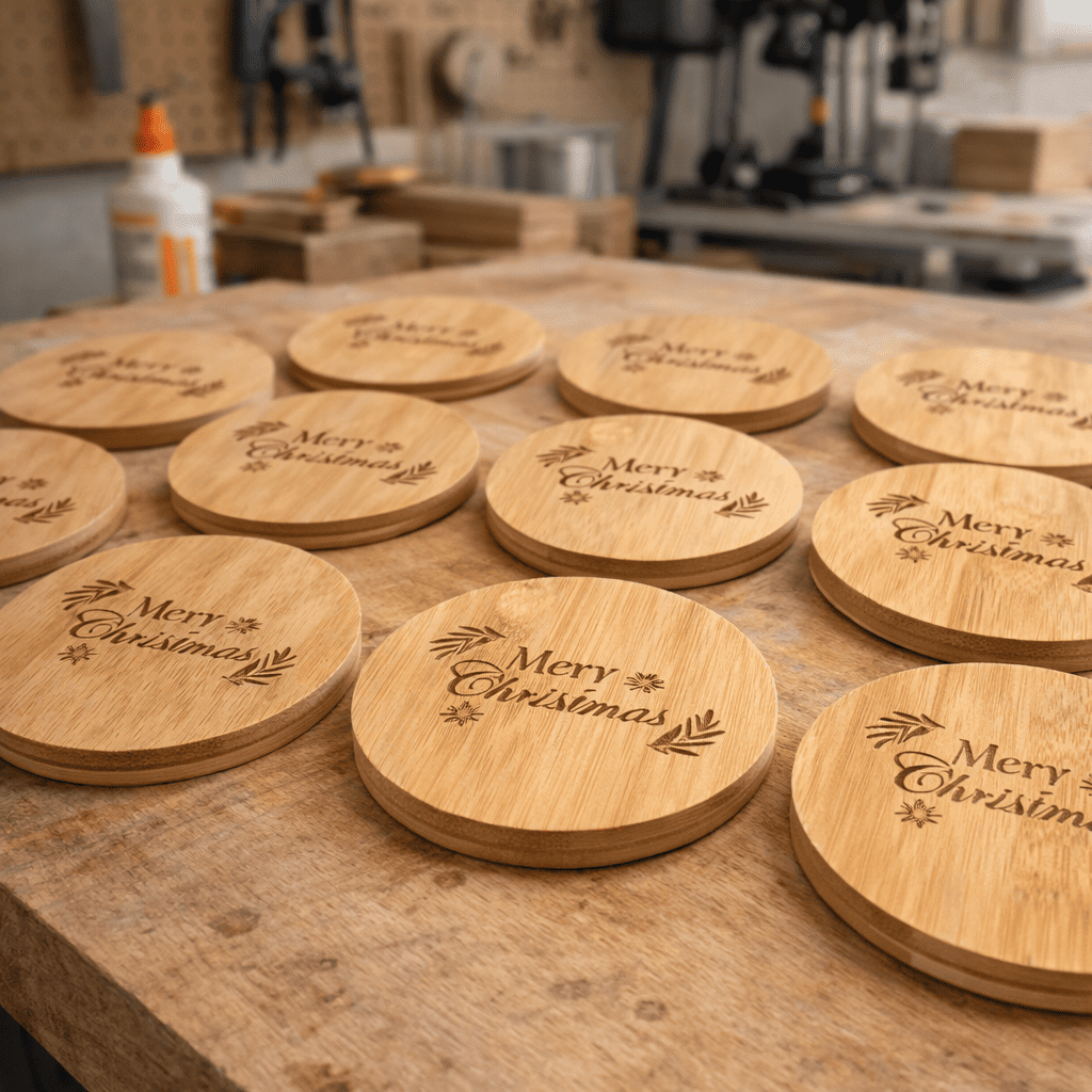 business image of a worktop full of engraved bamboo lids in a wood workshop 