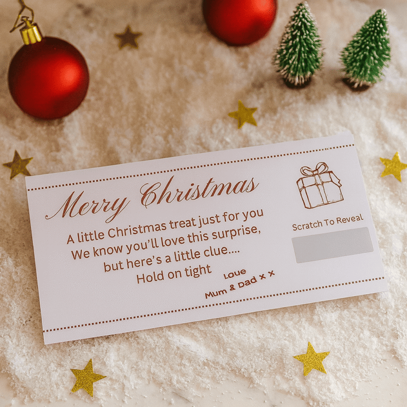 personalised christmas card vouchers/ticket unique foil voucher for a special surprise gift