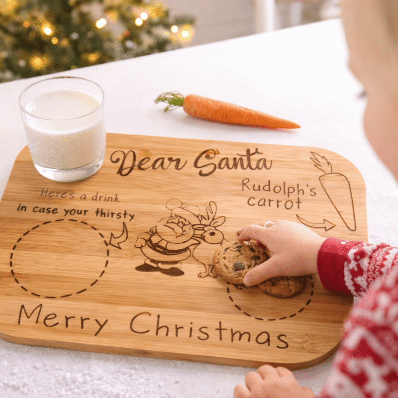 Personalised Christmas Eve bamboo treat board engraved for Santa’s milk, cookies and Rudolph’s carrot.