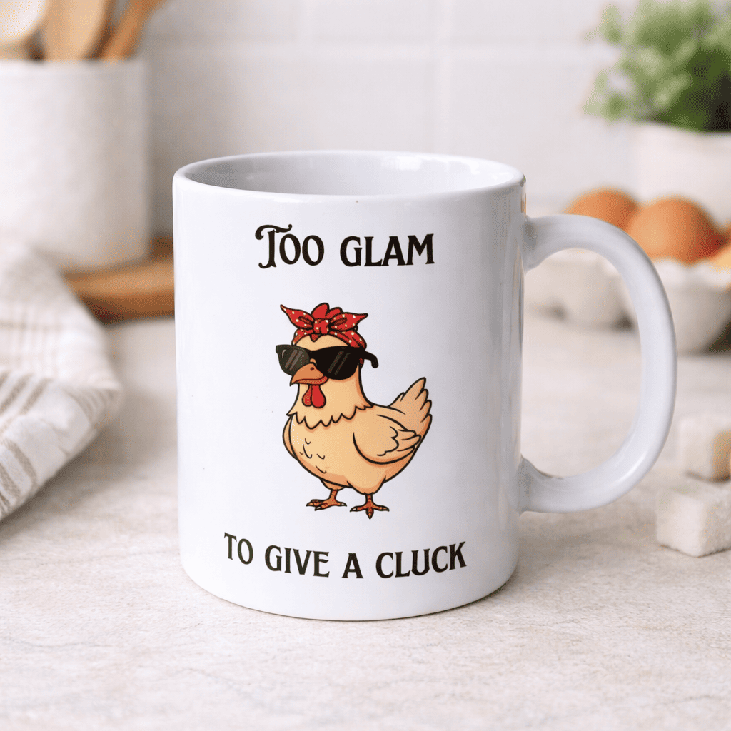 Close-up of 11oz novelty chicken coffee mug with steam rising from hot drink.