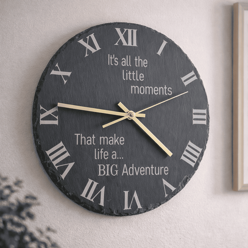 15cm round personalised slate wall clock with engraved quote and Roman numerals displayed on wall.