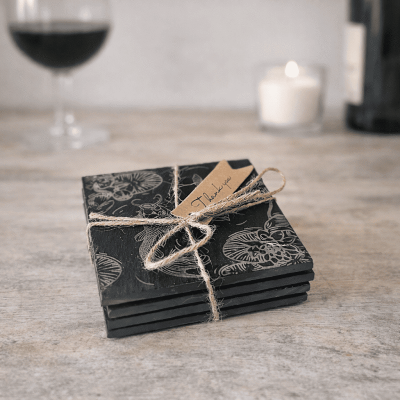 engraved koi fish slate coaster – 10cm square japanese inspired drink mat